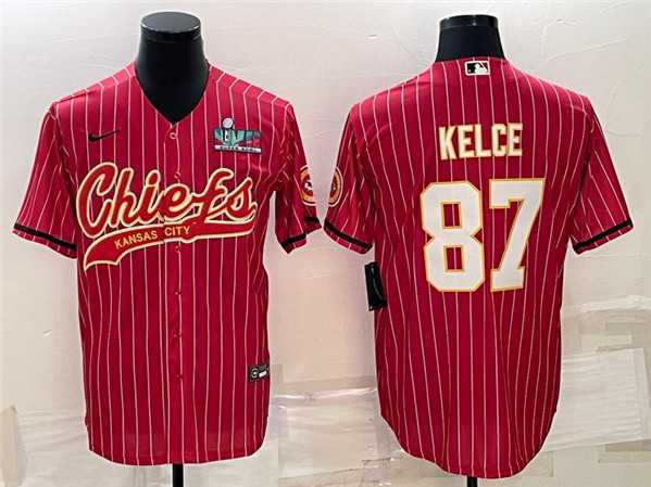 Men%27s Kansas City Chiefs #87 Travis Kelce Red With Super Bowl LVII Patch Cool Base Stitched Baseball Jersey->kansas city chiefs->NFL Jersey